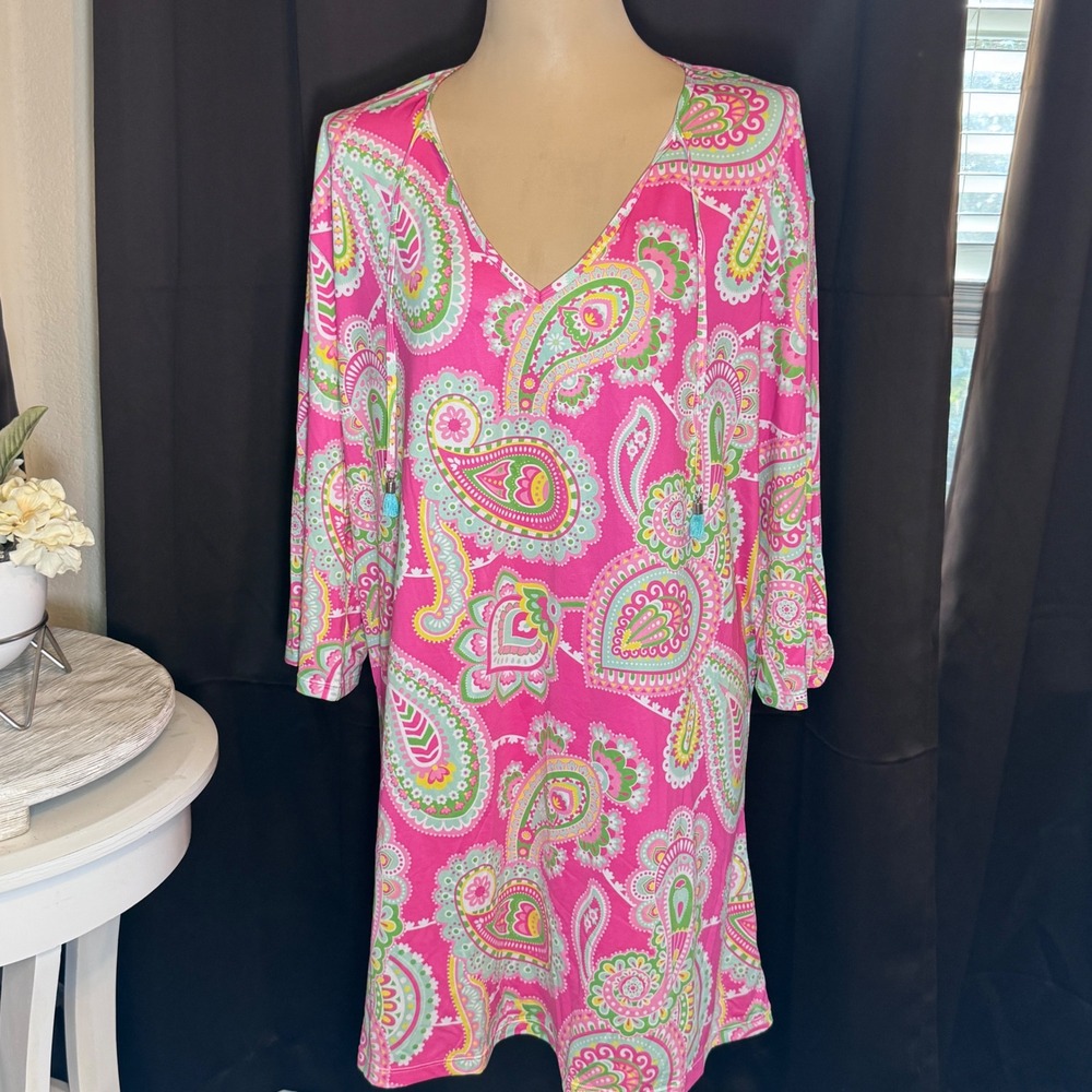 Pink Paisley Tunic Dress Womens V-Neck 3/4 Sleeve Tassel Detail Shift Mini